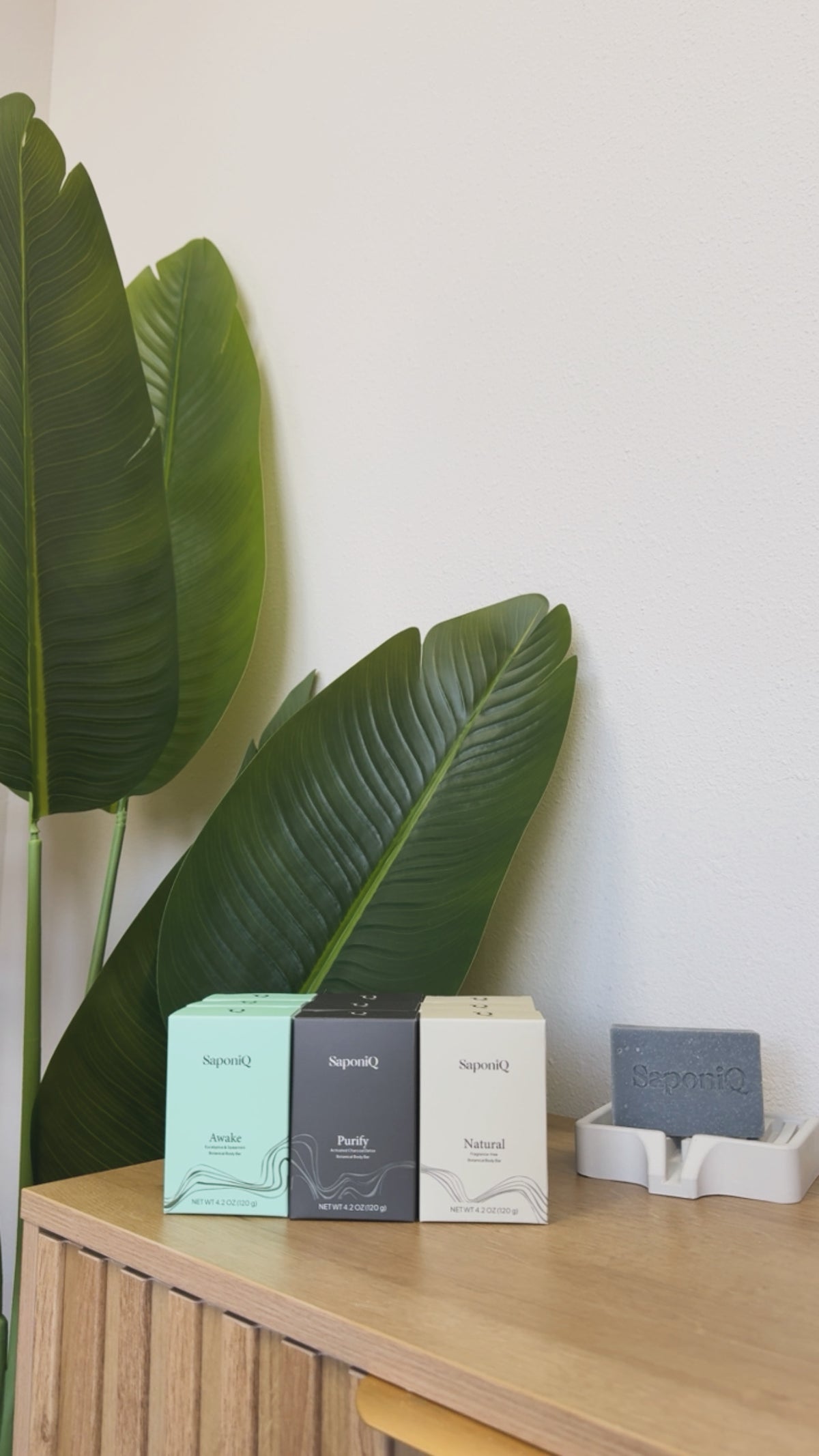 Three boxed bars of SaponiQ soap next to a Palm Leaf and a soap dish with one unwrapped bar of soap.